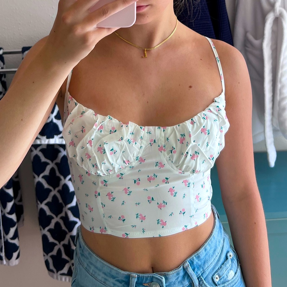 SHEIN white ruched bust lace up back floral cami top